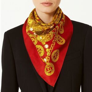 CHANEL Vintage CC Logo Jewelry Pattern Red & Gold Scarf